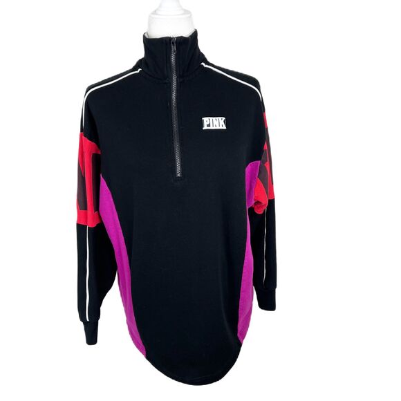 Pink Victoria's Secret Sweater Women Medium Black Colorblock Pullover 3/4 Zip - Picture 1 of 16
